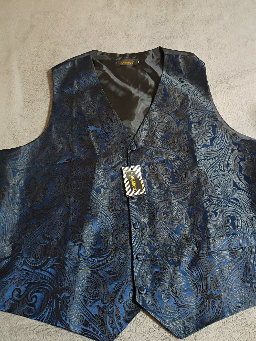 DiBanGu Men's XXL Formal Vest Blue/Black Paisley 80% Silk 20% Polyester NWT